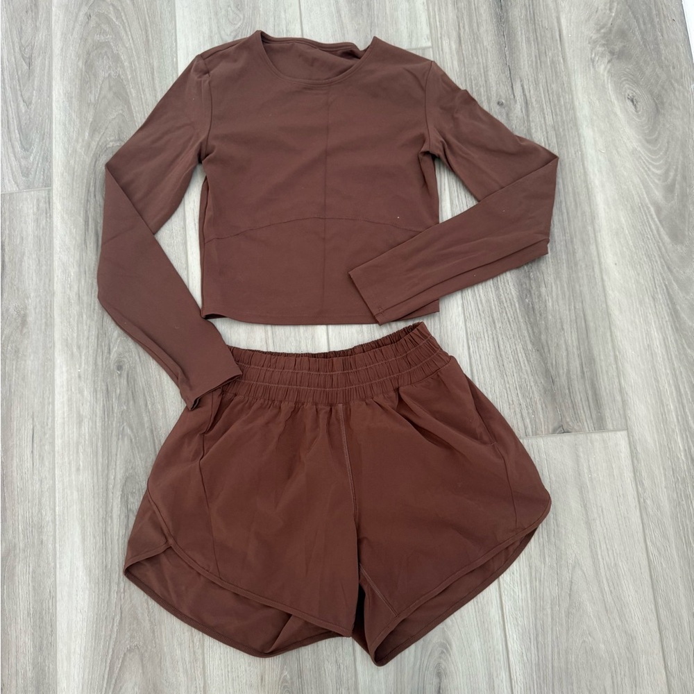 Brown Long Sleeve Top and Shorts Set